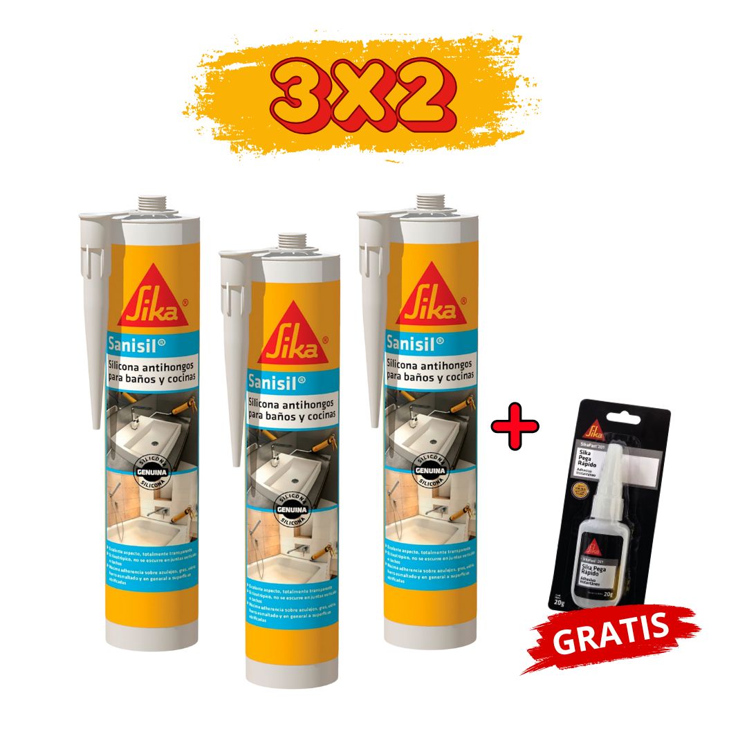 3x2 Silicona Antihongos p/ Baños y Cocinas Sika Sanisil Transparente 280ml + Gratis Sikafast 201