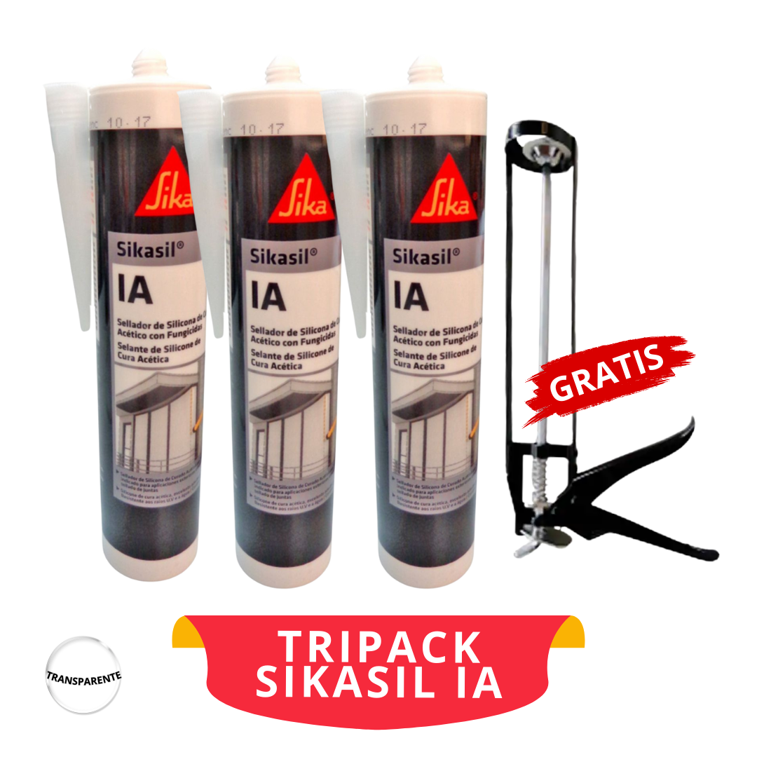 Tripack Silicona para vidrio Sikasil IA Transparente x280ml+Pistola