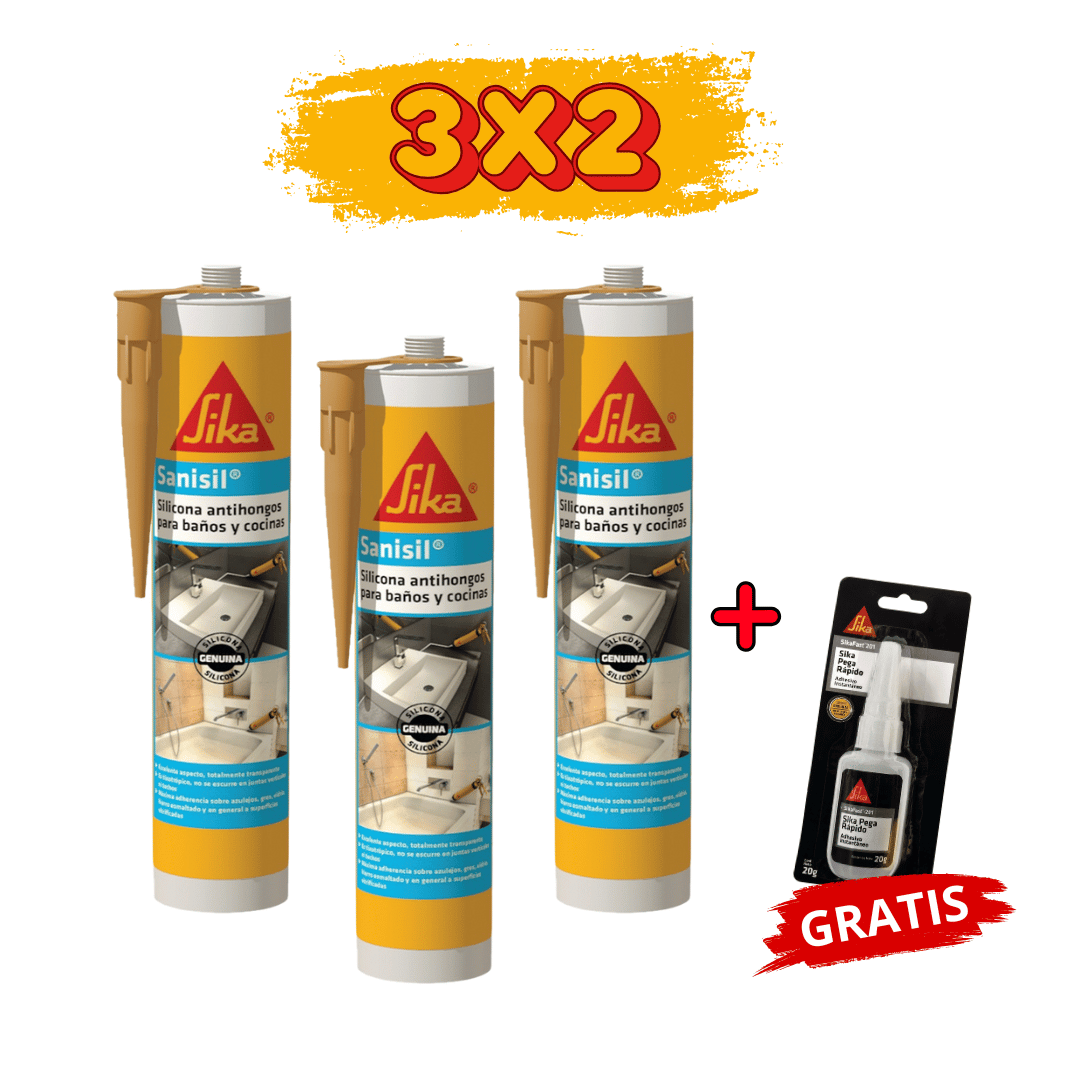 3x2 Silicona Antihongos p/ Baños y Cocinas Sika Sanisil Beige 280ml + Gratis Sikafast 201