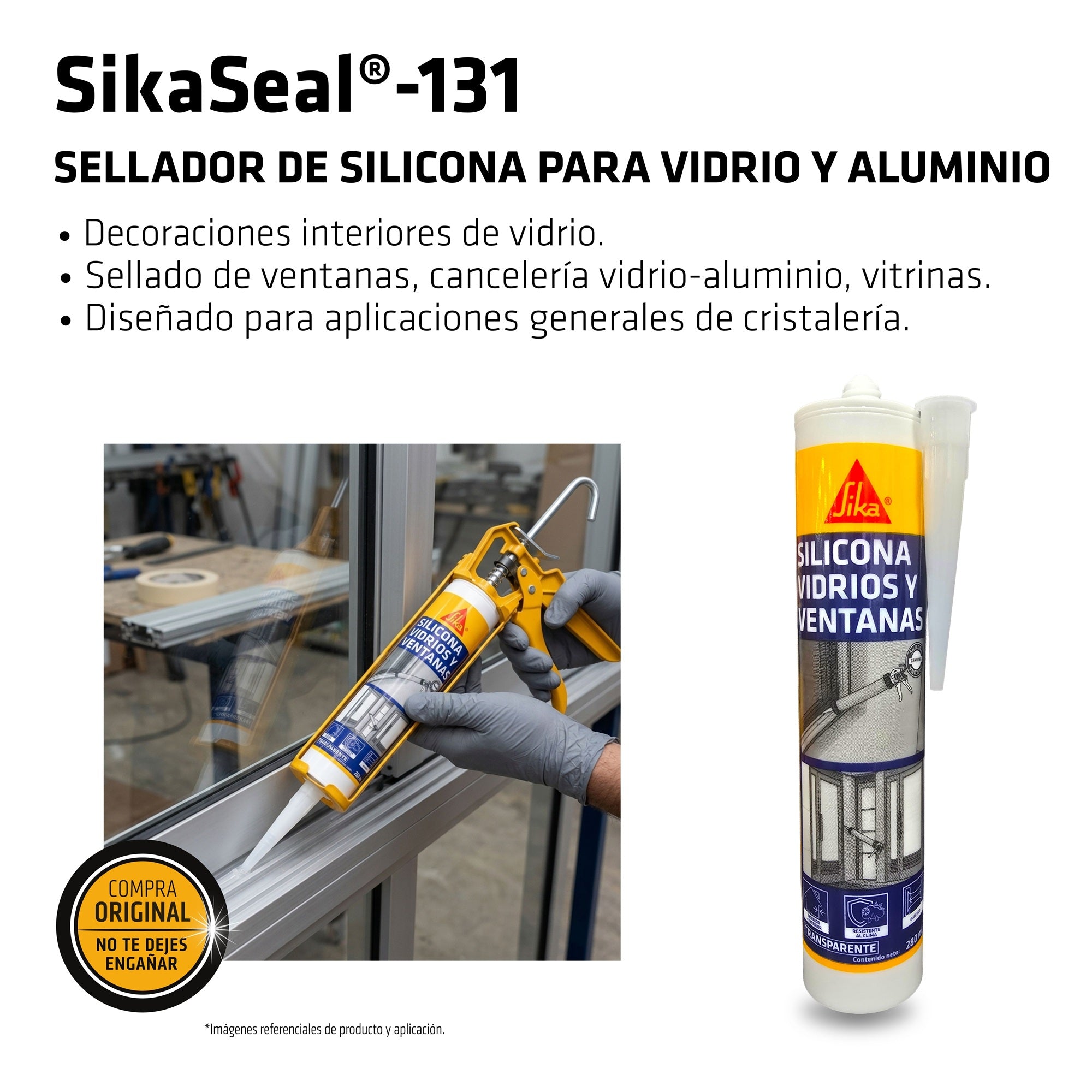 Pack 3  Sellador de Silicona para Vidrio y Aluminio Sika Seal-131 Blanco