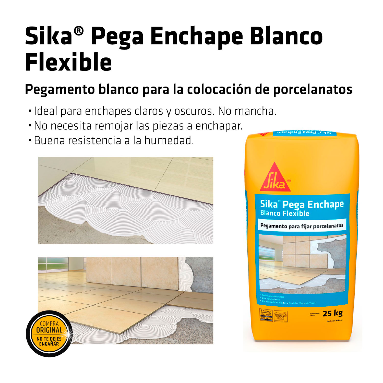 Pegamento para Porcelanatos Sika® Pega Enchape Blanco Flexible x 25Kg
