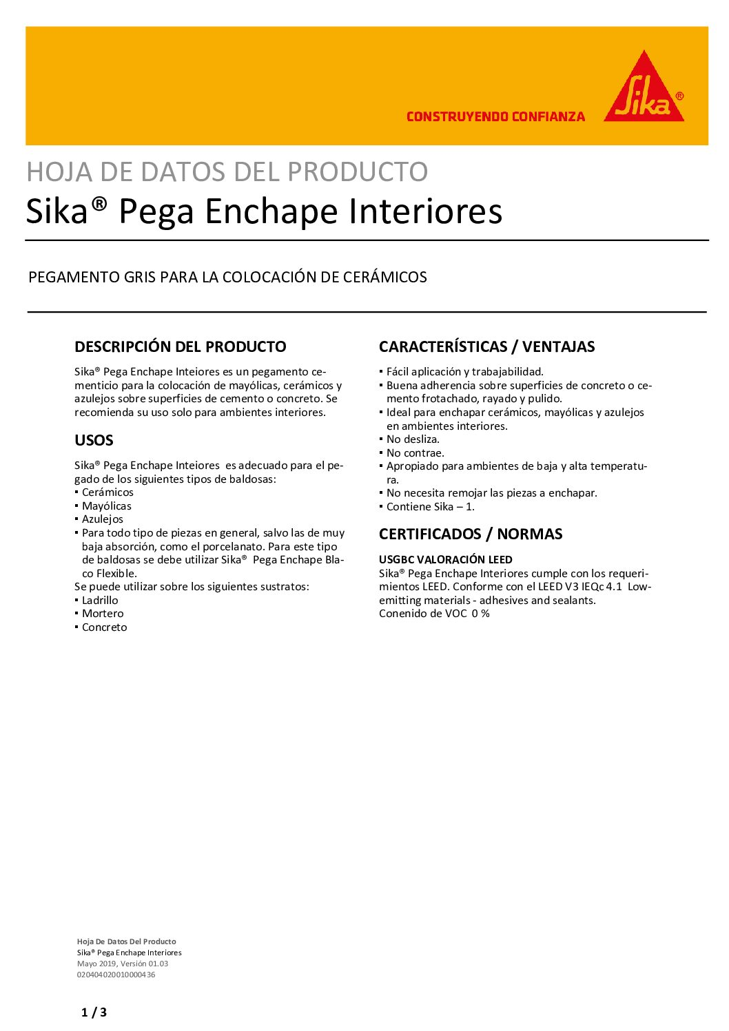 Pegamento para Pisos Sika® Pega Enchape Interiores x 25Kg