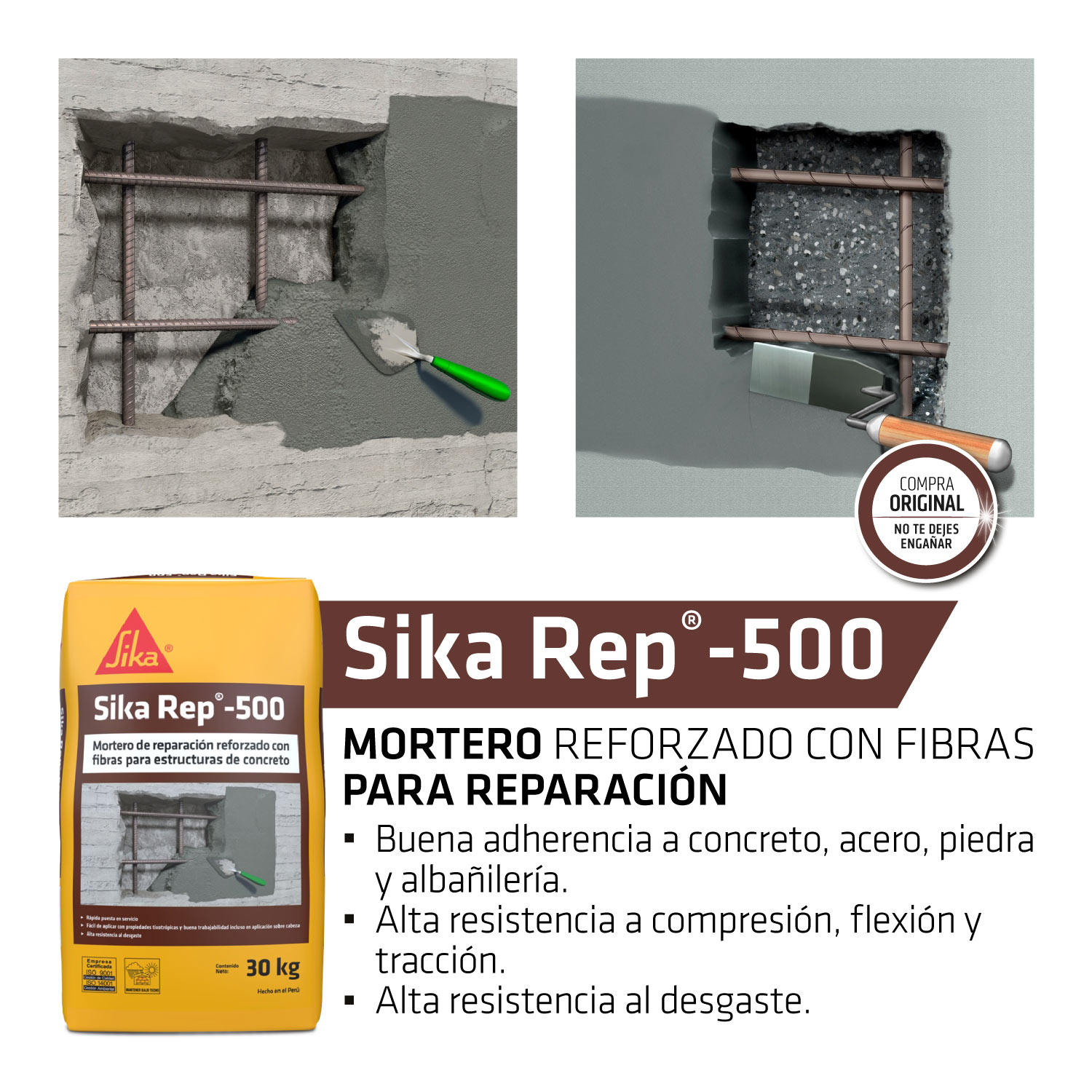 Mortero Reforzado con Fibras para Reparación Sika Rep®-500 x 30Kg
